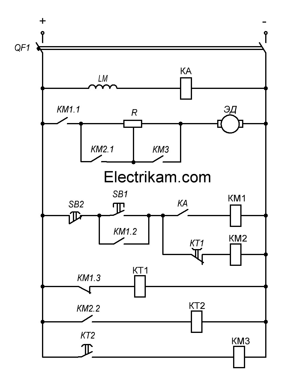 Схема пуска двигателя постоянного тока независимого возбуждения в функции времени