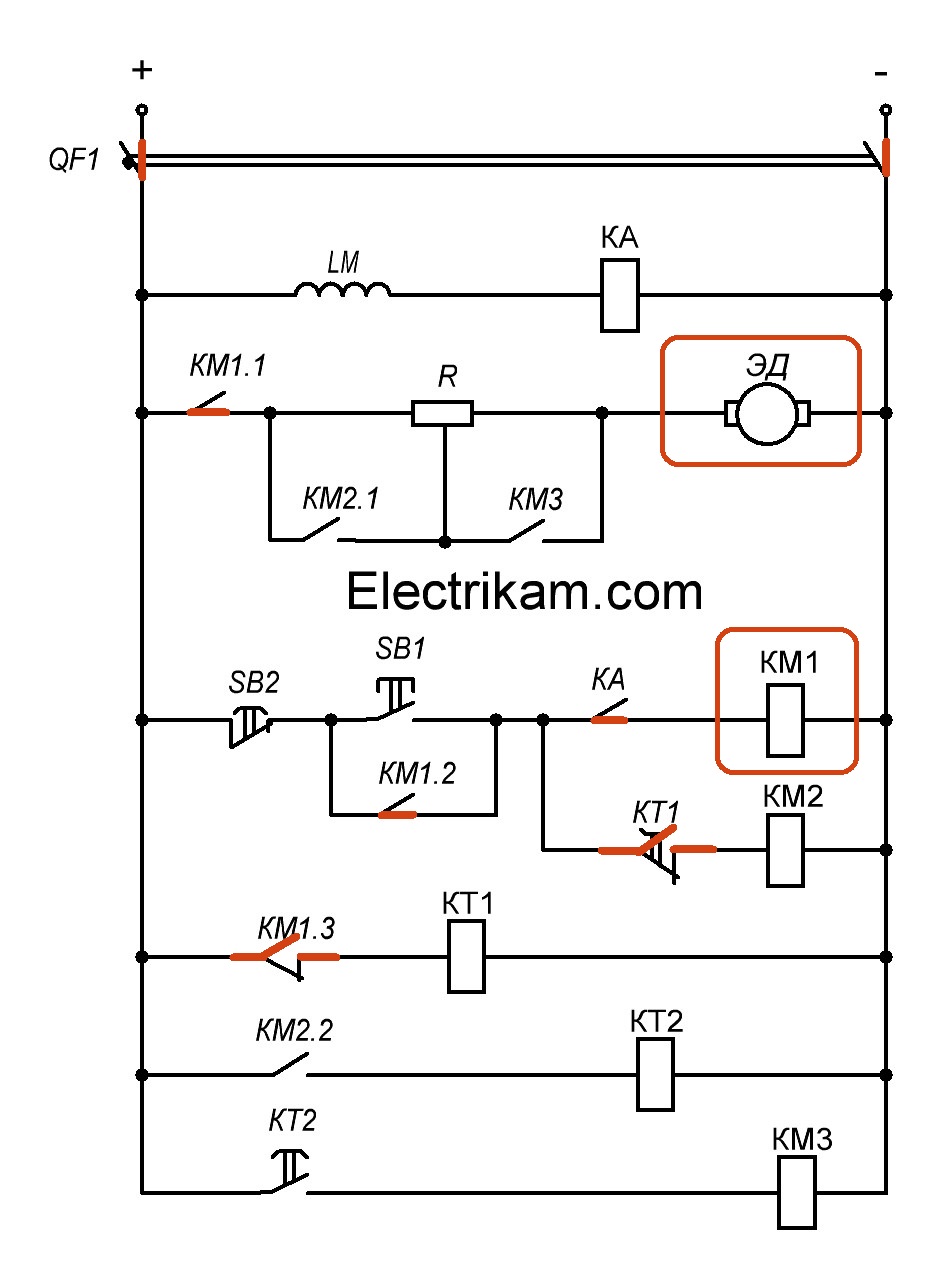 Схема пуска ДПТ НВ в функции времени